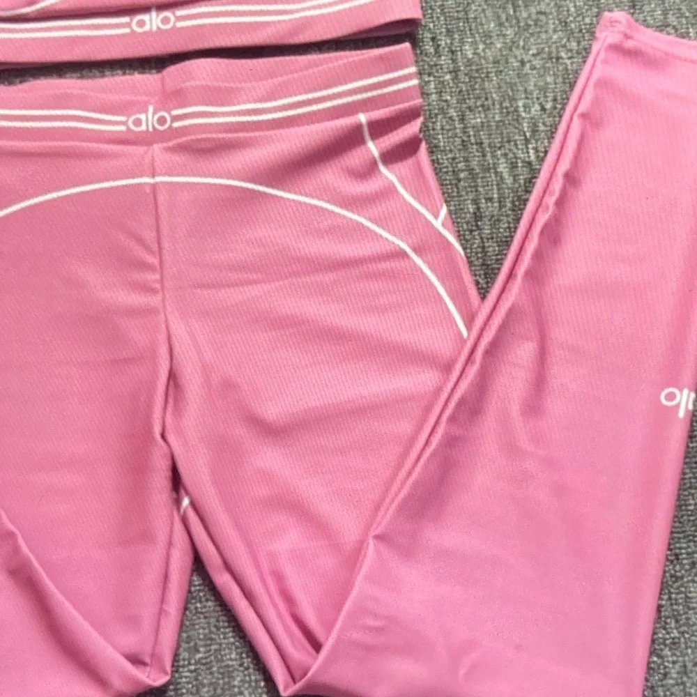 ALO Yoga Pink Ribbed Sports Bra and Leggings Set